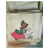 Collection of Flour Sack Towels Including Embroidered and Plain Styles
