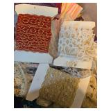 Crazy Quilt Crafting Lot with Fabrics, Trims, Lace, Ribbons, and Books