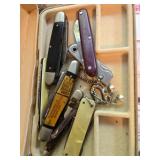 Mixed Craft Supply and Vintage Pocket Knife Lot with Greeting Cards