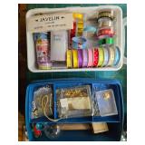 Craft Supplies Collection Including Ribbons, Crochet Kit, Fabric, Punch Set, and Jewelry Findings