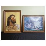 Pair of Framed Christian Art Prints - Jesus Signed M. Hook and Walk to Emmaus Scene