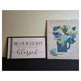 Framed Guest Welcome Sign and Embroidered Floral Wall Art Set