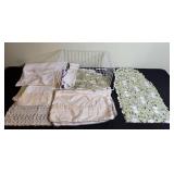 Collection of Vintage Linens and Lace Table Decor with Wire Basket