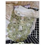 Collection of Vintage Linens and Lace Table Decor with Wire Basket