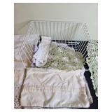 Collection of Vintage Linens and Lace Table Decor with Wire Basket
