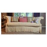 Upholstered Sofa with Rolled Arms and Mixed Decorative Pillows