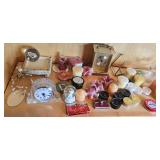 Assorted Decorative Candles, Clocks, Porcelain Figures, and Glass Candle Holders Collection