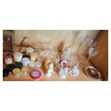 Assorted Decorative Candles, Clocks, Porcelain Figures, and Glass Candle Holders Collection