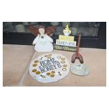 Decorative Home Decor Collection with Honeybee Plaques, Angel Figure, and Hand Blown Art Glass Bowl
