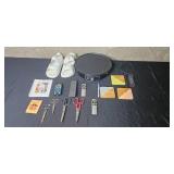 Household Lot: Electric Crepe Maker, Size 9 Sandals, Remotes, Scissors, Coasters, and Accessories