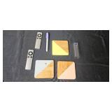 Household Lot: Electric Crepe Maker, Size 9 Sandals, Remotes, Scissors, Coasters, and Accessories