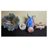 Collection of Decorative Porcelain and Art Glass Pieces Including Hand-Painted Plate Signed Capodimonte