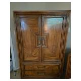 Vintage Oak Armoire with Brass Tone Handles and Drawers 60x38x19 in