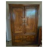 Vintage Oak Armoire with Brass Tone Handles and Drawers 60x38x19 in