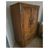 Vintage Oak Armoire with Brass Tone Handles and Drawers 60x38x19 in