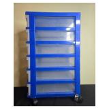 6-Drawer Plastic Storage Organizer with Blue Trim and Wheels