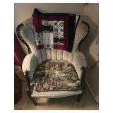 Vintage Velvet Wingback Chair with Tapestry Cushion and Quilt