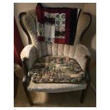 Vintage Velvet Wingback Chair with Tapestry Cushion and Quilt