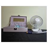 Makeup and Cosmetic Storage Box with Vanity Mirror and Portable Desk Fan