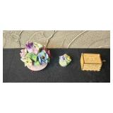 Assorted Home Decor Lot with Atomic Wall Clock, Trinket Boxes, Vintage Tray, and Ornaments