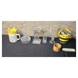 Decorative Home Decor Collection including Rae Dunn Mug, Glassware, Mini Basket and Bee Bucket
