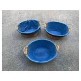 Set of 3 Wicker Baskets with Blue Fabric Liners and Handles