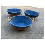 Set of 3 Wicker Baskets with Blue Fabric Liners and Handles