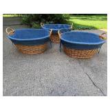 Set of 3 Wicker Baskets with Blue Fabric Liners and Handles