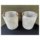 Pair of White Woven Rope Baskets with Handles