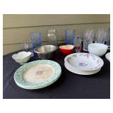 Assorted Kitchenware Collection with Glassware, Bowls, Plates, and Flatware