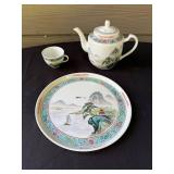 Chinese Porcelain Teapot, Cup, and Plate Set with Scenic Artwork