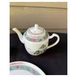 Chinese Porcelain Teapot, Cup, and Plate Set with Scenic Artwork