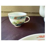 Chinese Porcelain Teapot, Cup, and Plate Set with Scenic Artwork
