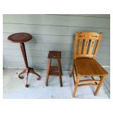 Set of 3 Vintage Wooden Furniture Pieces: Chair, Stool, and Pedestal Table