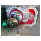 Holiday Decor Lot with Tins, Serving Trays, Gift Tags, and Tabletop Arrangements