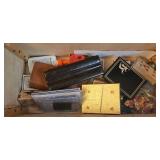 Mixed Game Night and Household Drawer Lot with Cards, Dice, Cribbage Board, and More