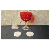 Vintage Decor Lot: Clear Glass Vase, Red Glass Compote, Porcelain Teapot, Salt & Pepper, and Linen Coasters