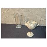 Vintage Decor Lot: Clear Glass Vase, Red Glass Compote, Porcelain Teapot, Salt & Pepper, and Linen Coasters
