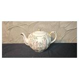 Vintage Decor Lot: Clear Glass Vase, Red Glass Compote, Porcelain Teapot, Salt & Pepper, and Linen Coasters