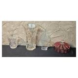 Assorted Crystal and Pink Glassware Lot with Vase, Pitchers, and Lidded Candy Dish
