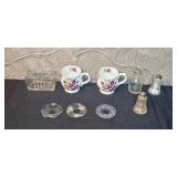 Vintage Glassware and China Collection with Bone China Mugs and Plates