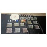 Assorted Vintage Kitchenware Lot with Homer Laughlin Plate, Glass Coasters, Thimbles, and More