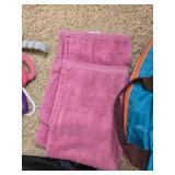 Household Lot with Bags, Towel Set, Hangers, Handles, and Picture Frame