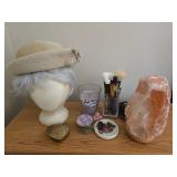 Vanity Set with Vintage Beret, Wig, Himalayan Salt Lamp, Makeup Brushes, and Accessories