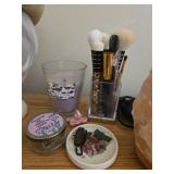 Vanity Set with Vintage Beret, Wig, Himalayan Salt Lamp, Makeup Brushes, and Accessories