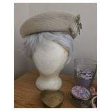 Vanity Set with Vintage Beret, Wig, Himalayan Salt Lamp, Makeup Brushes, and Accessories