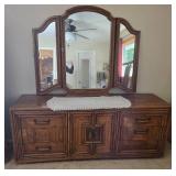 Large Wooden Dresser with Triple Mirror and Drawers, 78x74x19 Inches