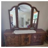 Large Wooden Dresser with Triple Mirror and Drawers, 78x74x19 Inches