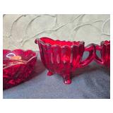Ruby Red Pressed Glass Creamer, Sugar Bowl, Serving Dish, and Clear Glass Coaster Set