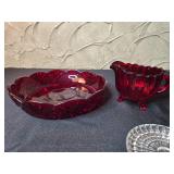 Ruby Red Pressed Glass Creamer, Sugar Bowl, Serving Dish, and Clear Glass Coaster Set